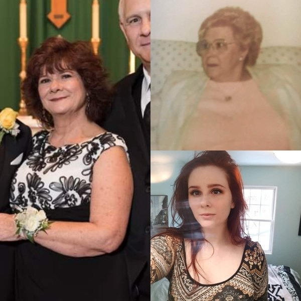 A collage of photos of an older woman and her family.