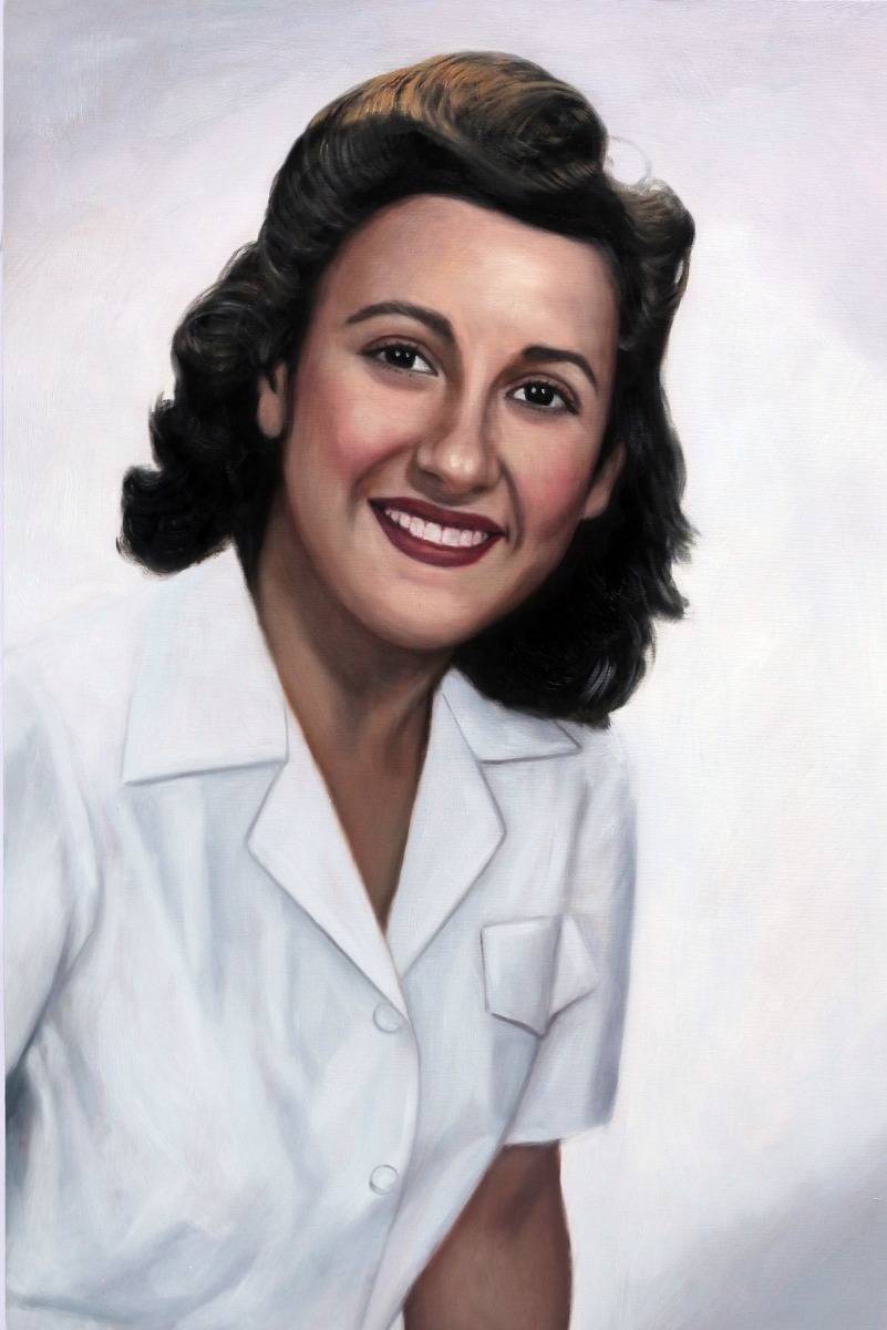 An oil fine style painting of a woman in a white shirt.