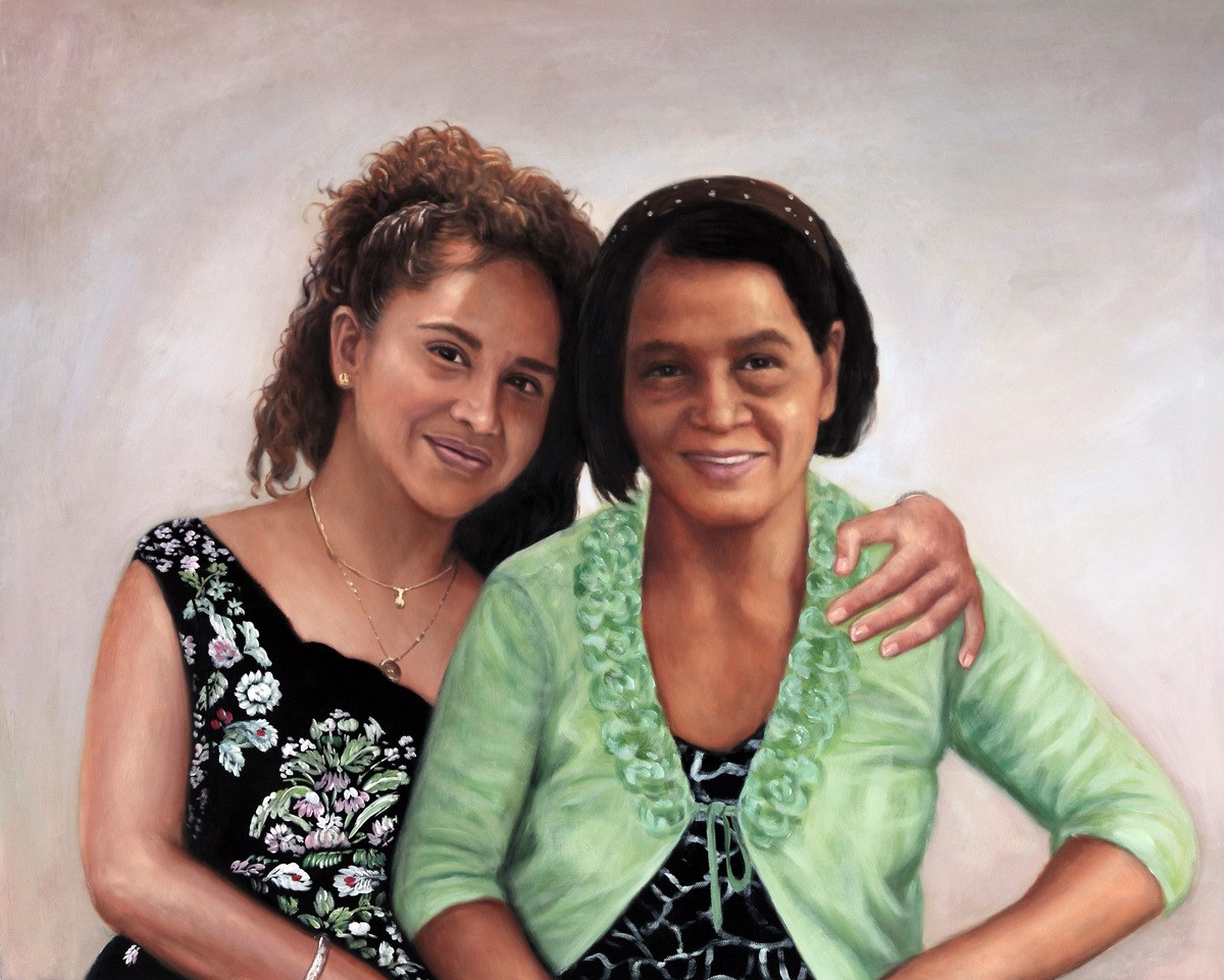An oil painting of two women hugging each other, created in a fine style.