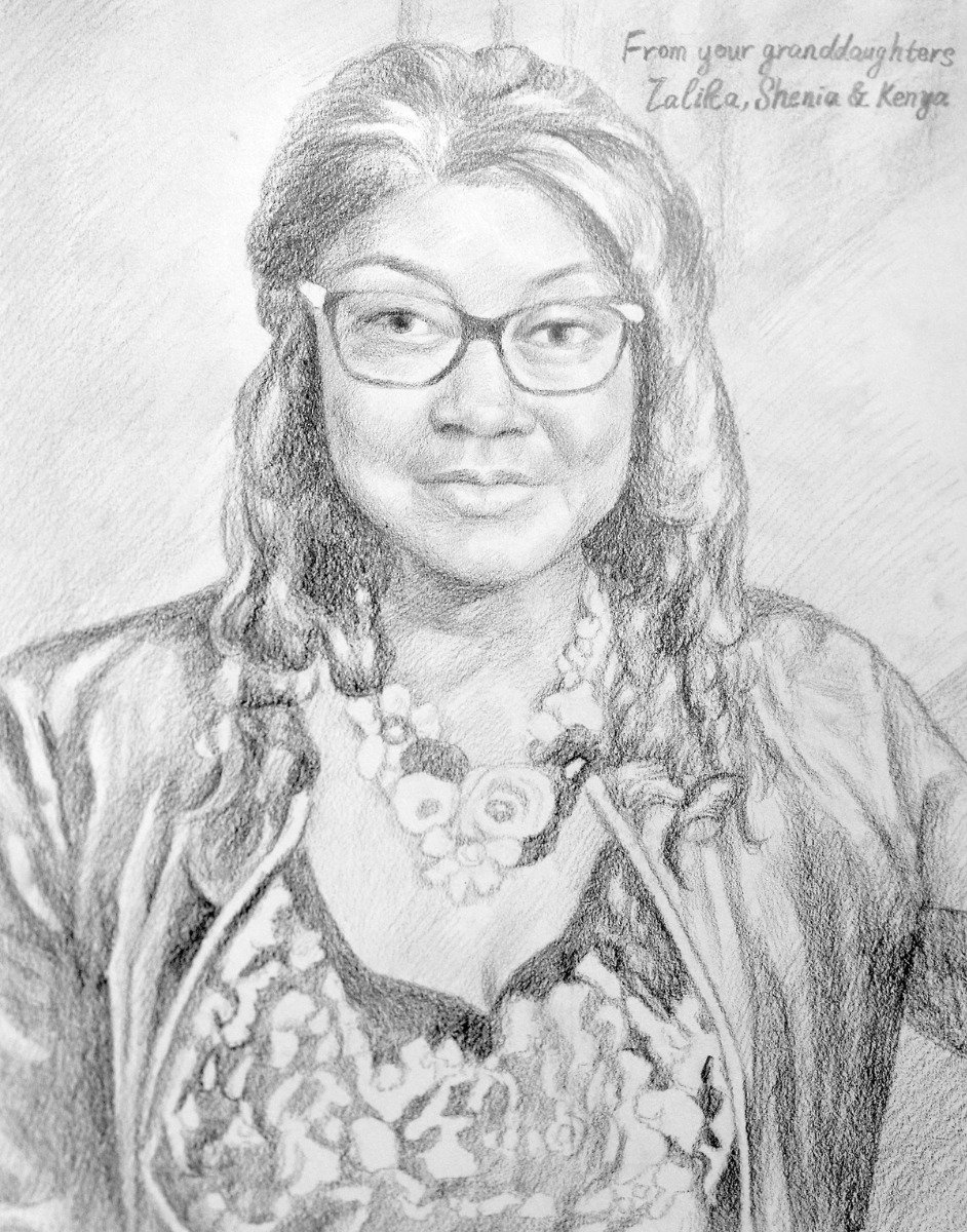 A pencil sketchy style artwork of a woman wearing glasses, beautifully recreated from a damaged photo.