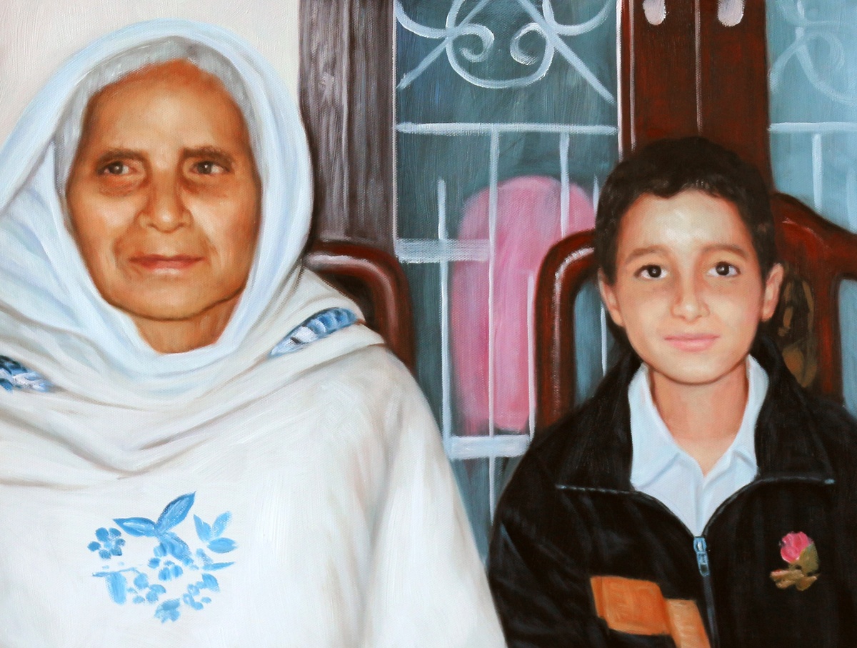 An oil painting of an old woman and a young boy, created in a thick style. This beautiful artwork was skillfully restored and painted from a damaged photo.