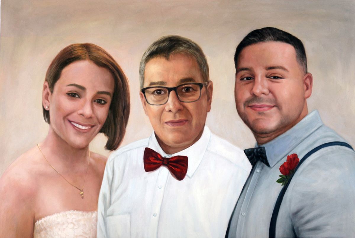 A fine brush style oil painting of two men and a woman posing for a photo.