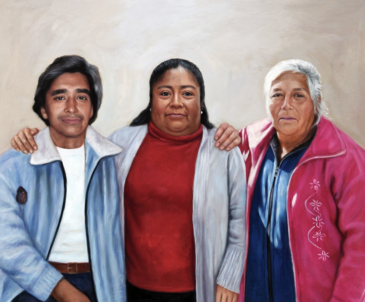 An oil painting family portrait of three people standing next to each other.