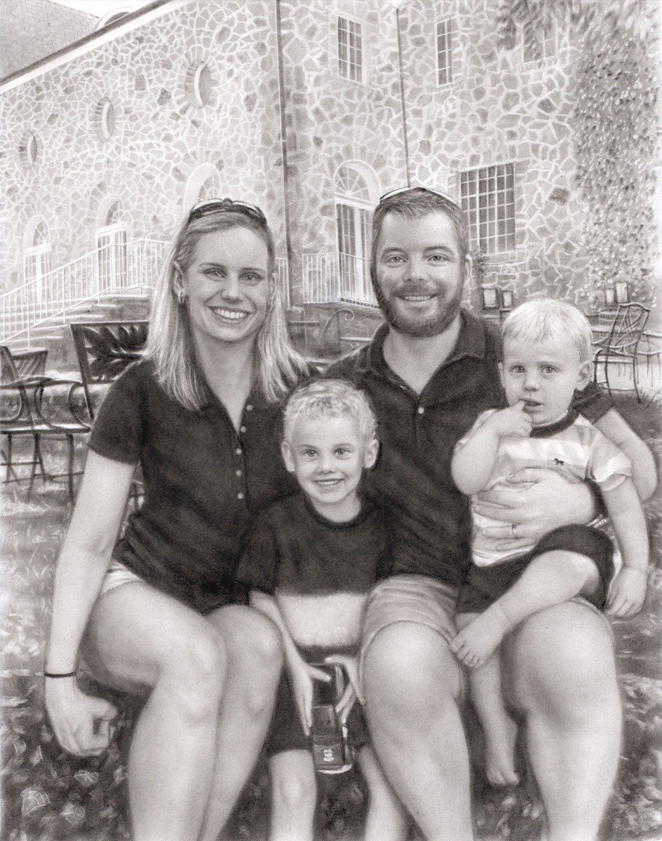 A personalized family portrait drawing in a premium charcoal dark style.