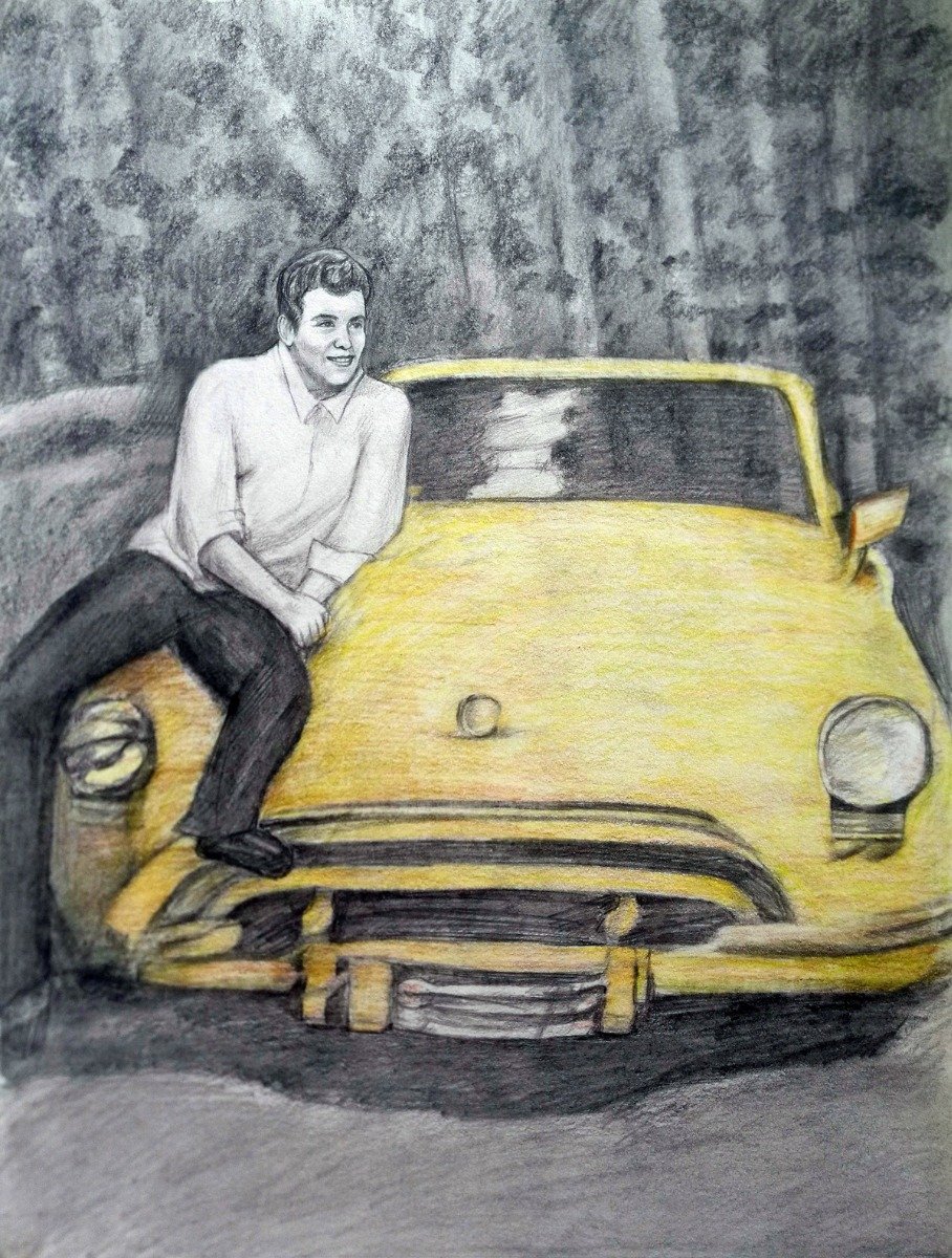A colored pencil sketch of a man leaning against a yellow car, perfect as the best valentine gift for boyfriend.