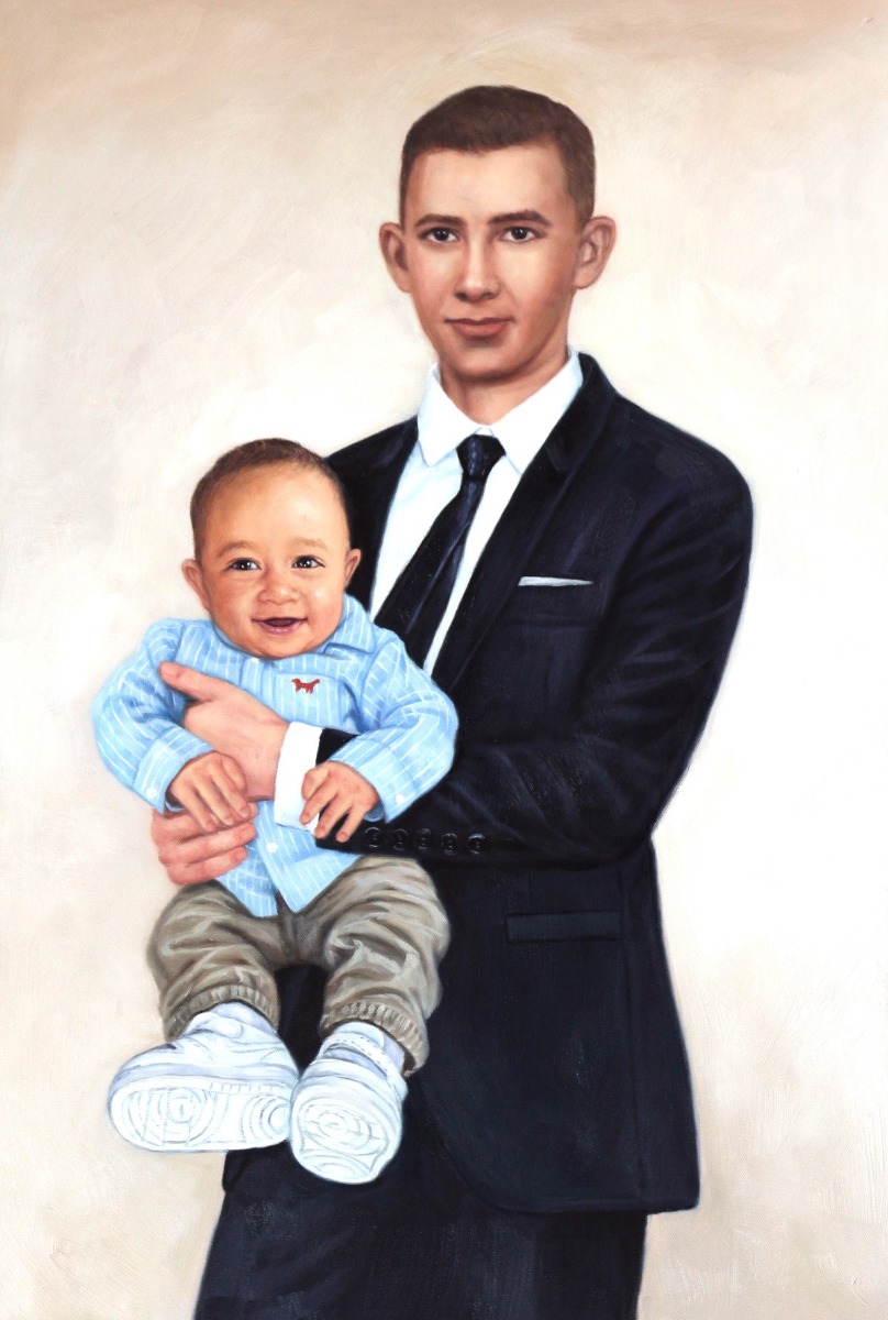 An oil painting of a man holding a baby, done in a fine brush style, as a birthday gift for husband.