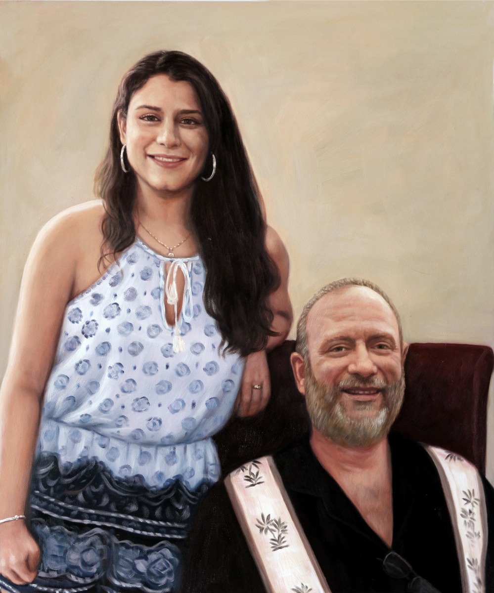 A parent painting - a portrait of a Father and his Daughter posing for a picture.