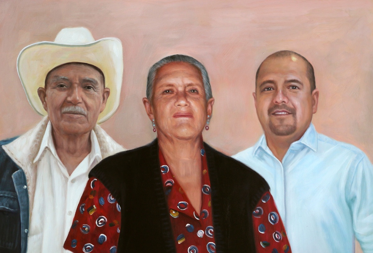 A commemorative painting of a family group picture, as an anniversary gift from their children.