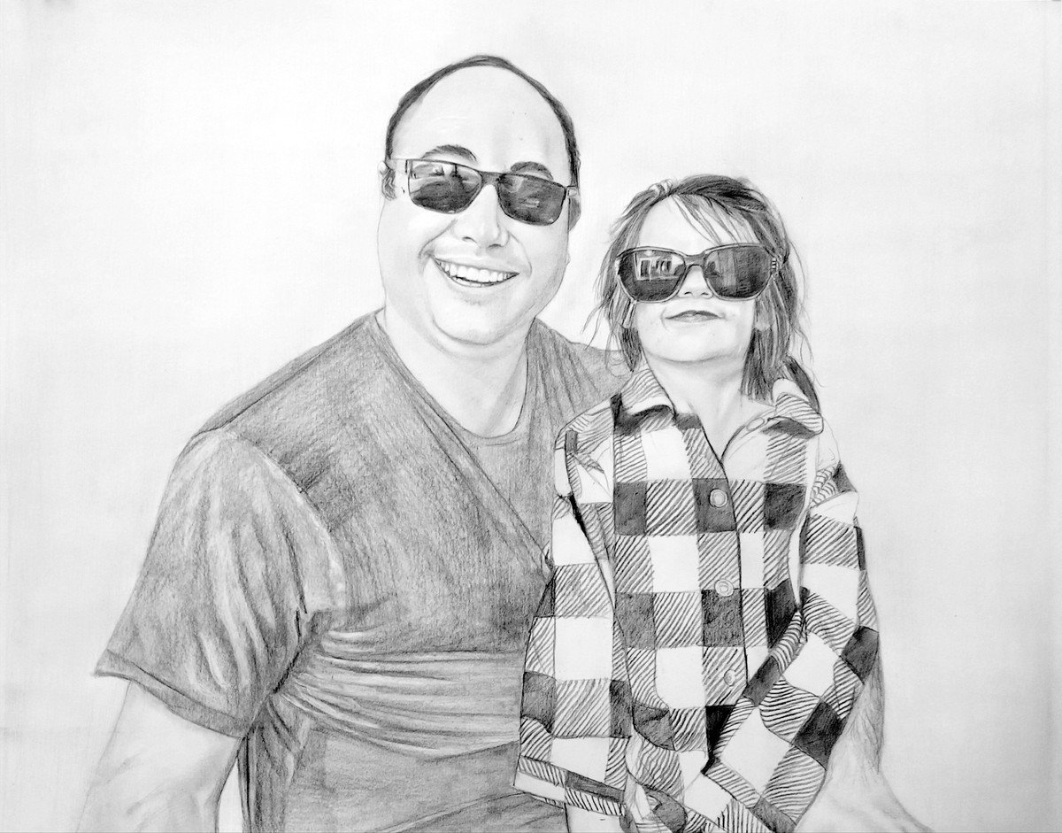 A Christmas drawing for parents depicting father and son wearing sunglasses.