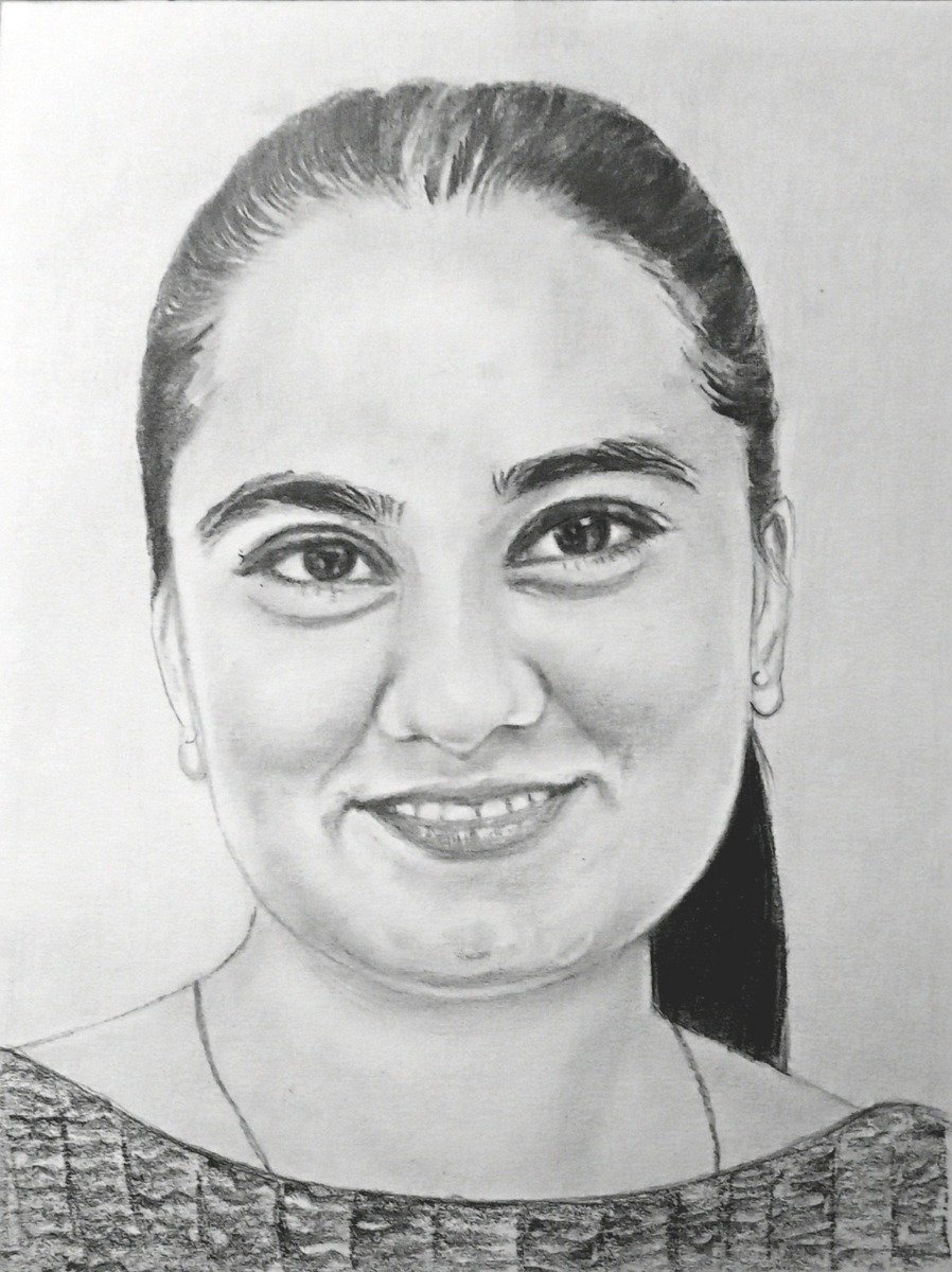 A pencil sketch of a woman smiling in a single person drawing.