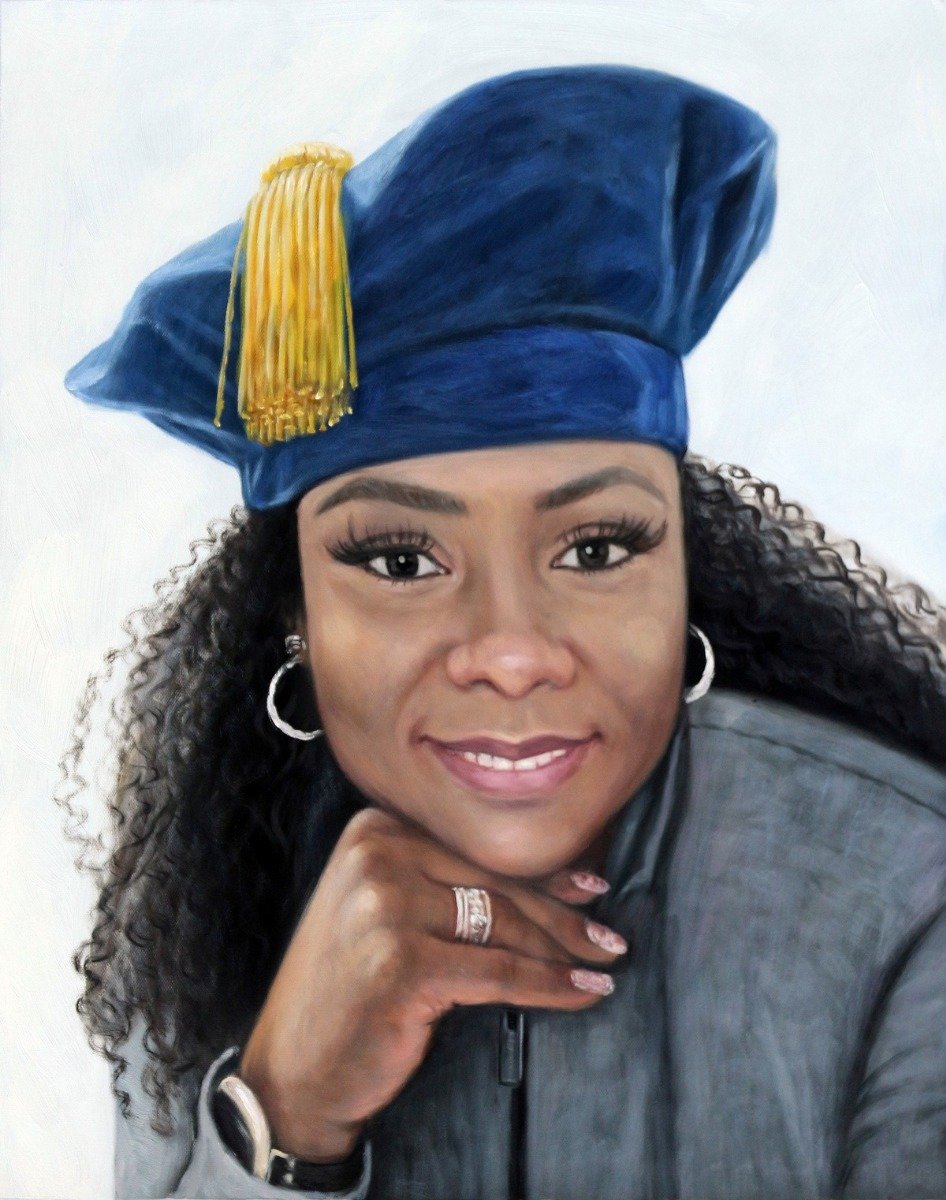 A solo oil painting of a woman wearing a blue hat with a thick brush style.