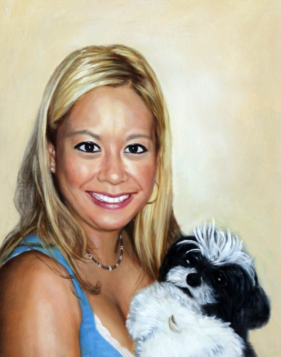 A thick-brush style oil painting of a woman holding a black and white dog.