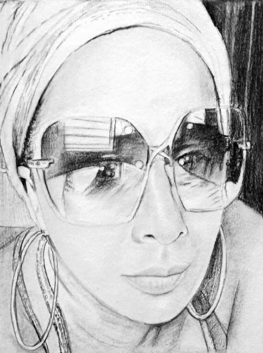 A black and white drawing of a woman wearing glasses, pencil smooth style.