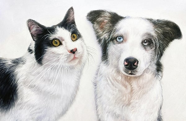 oil painting of a cat and a dog together done from separate pictures