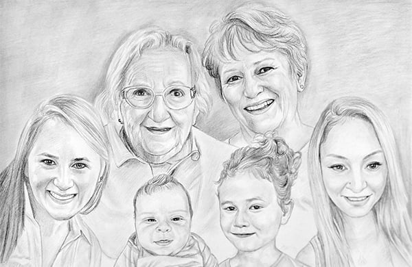 pencil portrait of a family done by compositing them together from individual pictures in order that they look cohesive