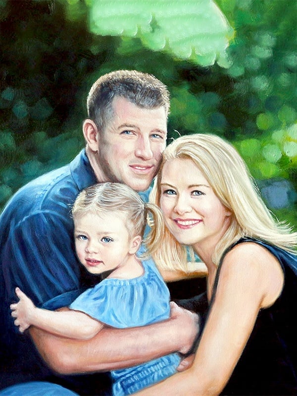  A picture depicting the transformation of photo to painting of a family with a baby, executed in fine brush style.