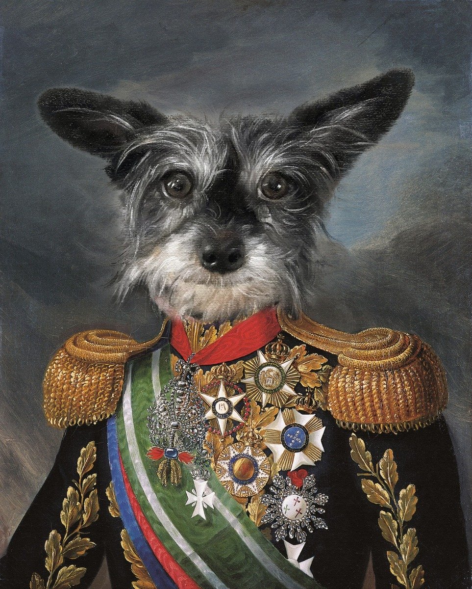 A medieval oil painting of a dog in a military uniform, executed in a fine brush style.