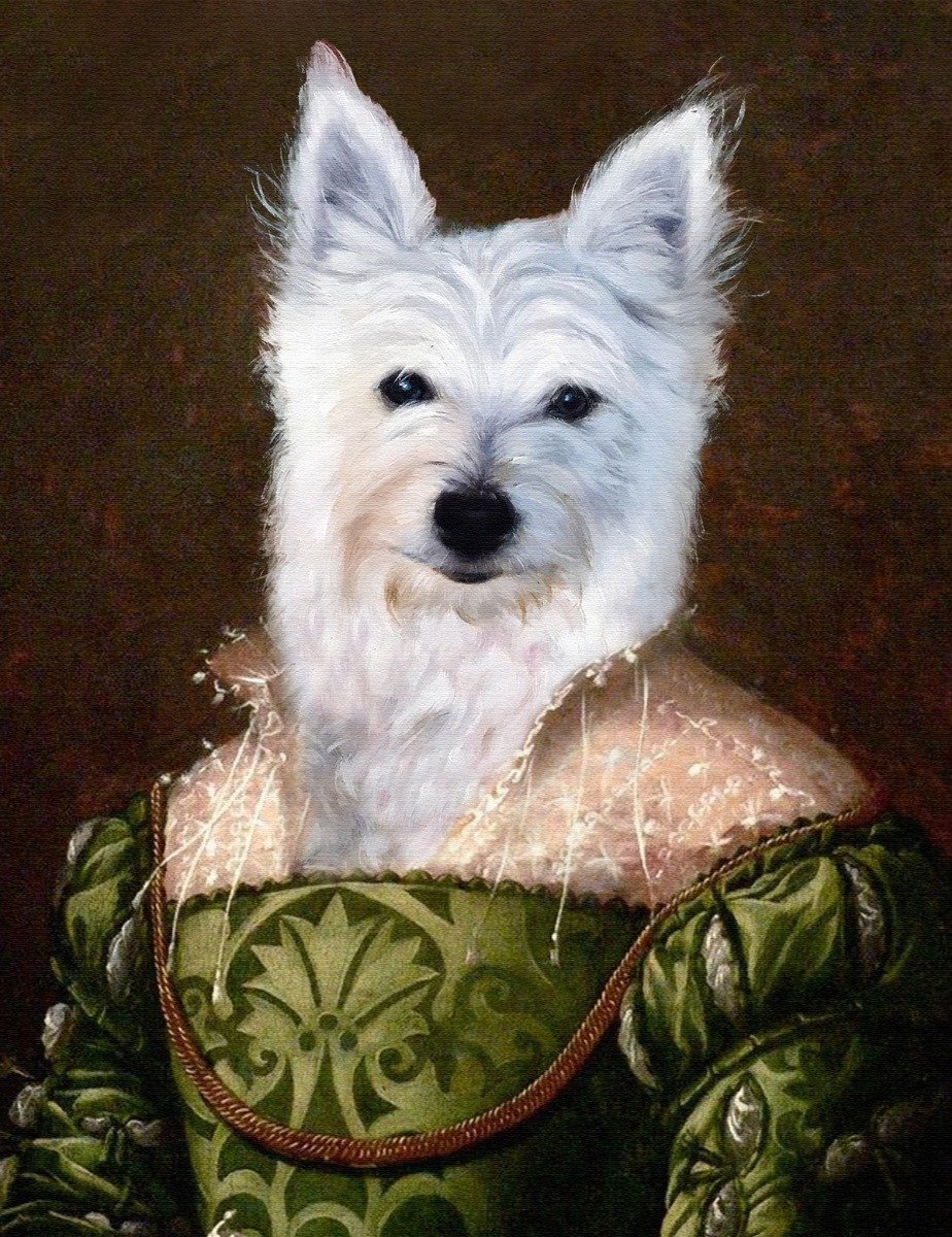 A fine brush style oil painting of a white west highland terrier wearing a green dress, perfect for royal pet portraits.