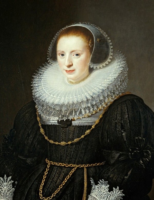 A painting of a woman in a black dress with a white collar.