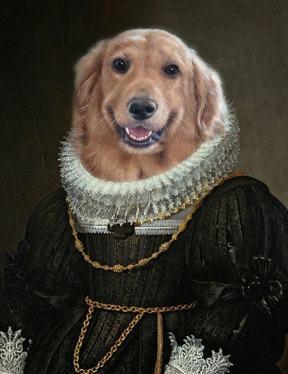 A golden retriever in a renaissance dress painted in fine brush style.