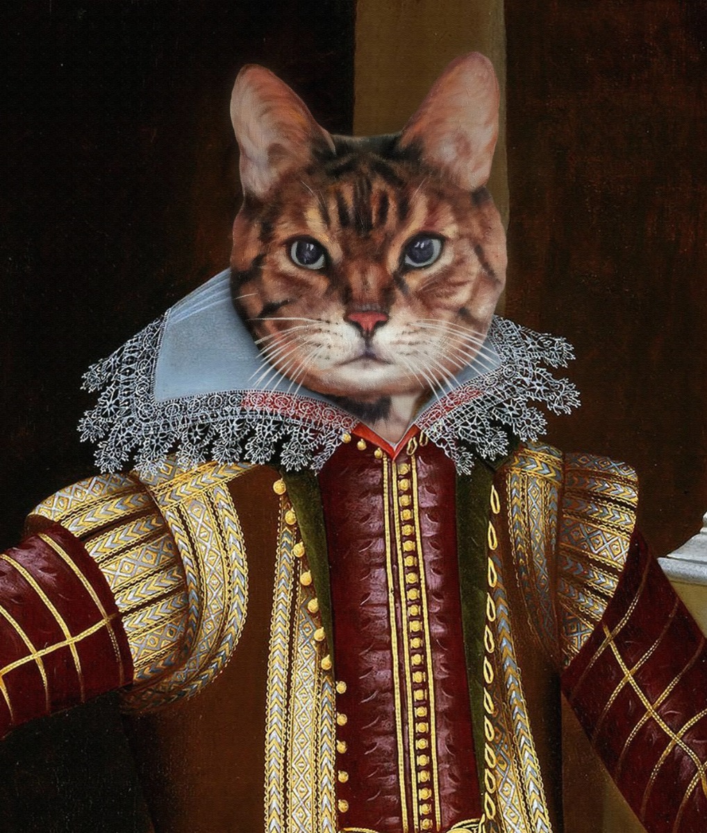 A fine brush oil painting depicting a cat in a renaissance costume.