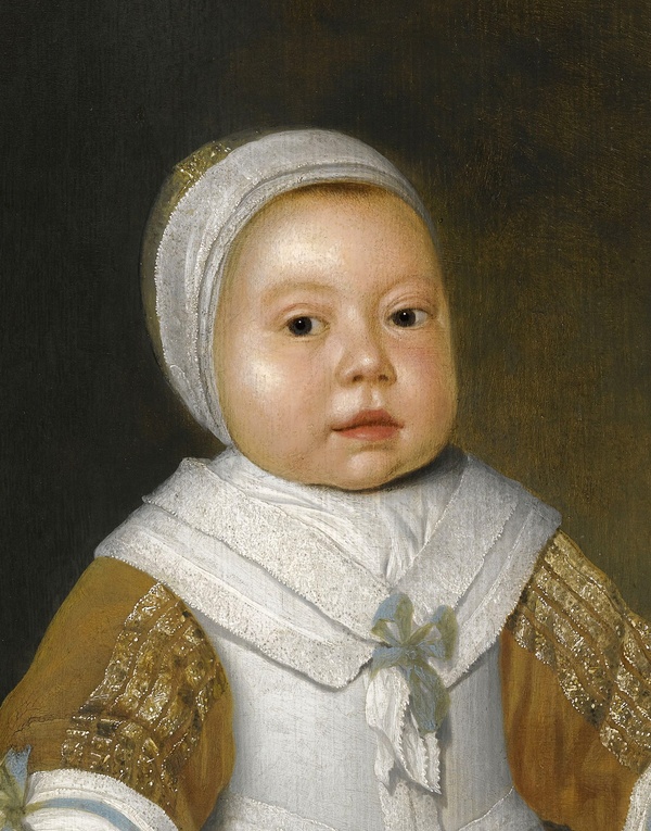 A painting of a baby in a white dress.